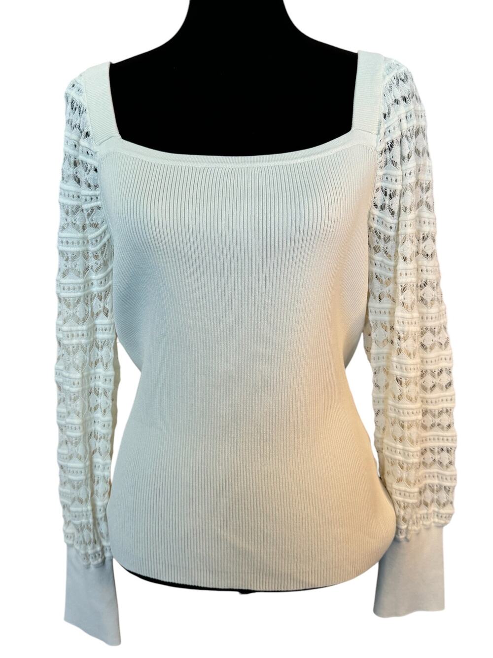 New Nordstrom HALOGEN Ivory Lacy Sleeve Square Neck Pullover Sweater Size XL